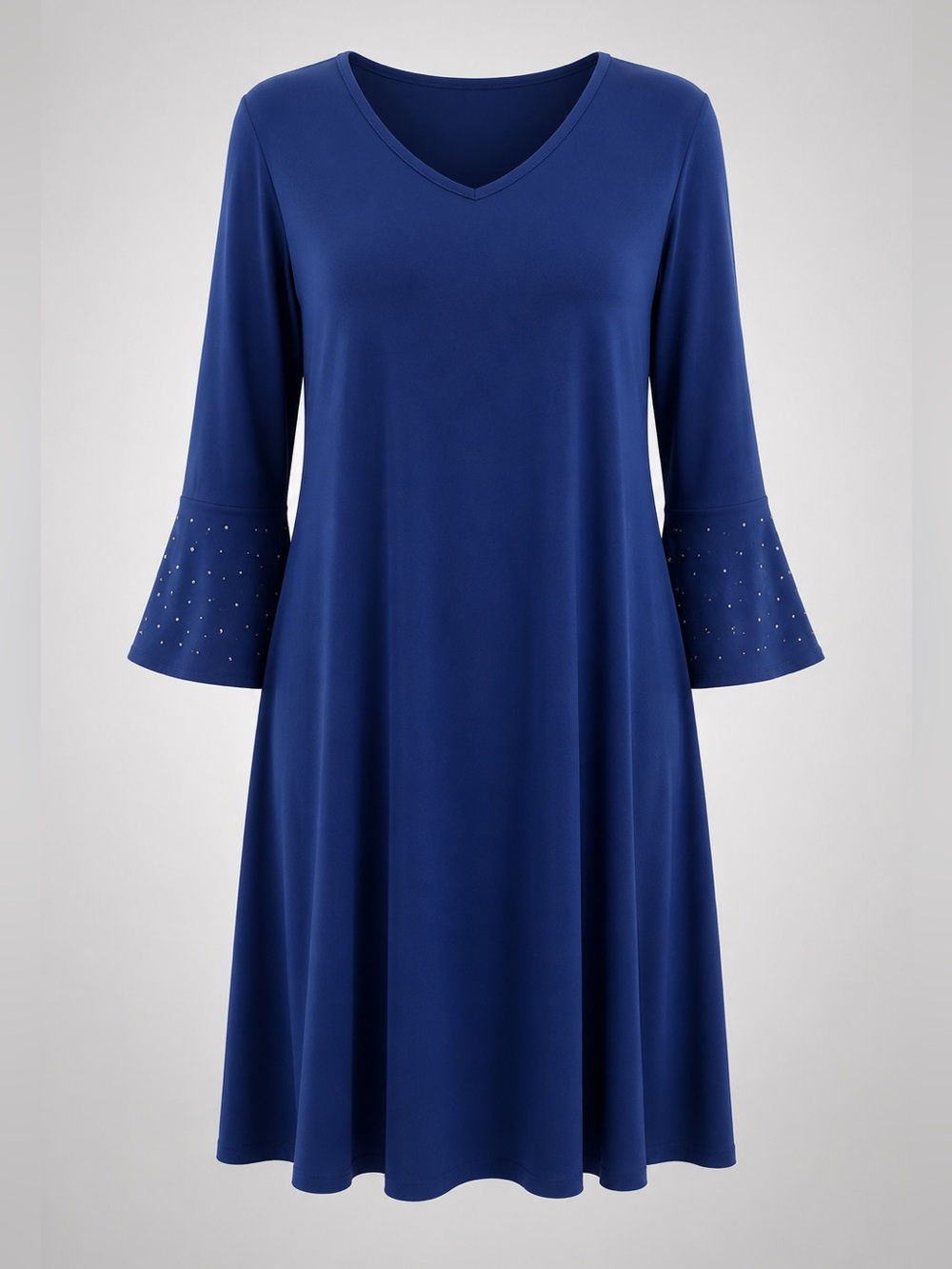 Quacker Factory Stretch Knit Dress with Rhinestone Bell Sleeves -Royal Blue - Picture 1 of 11